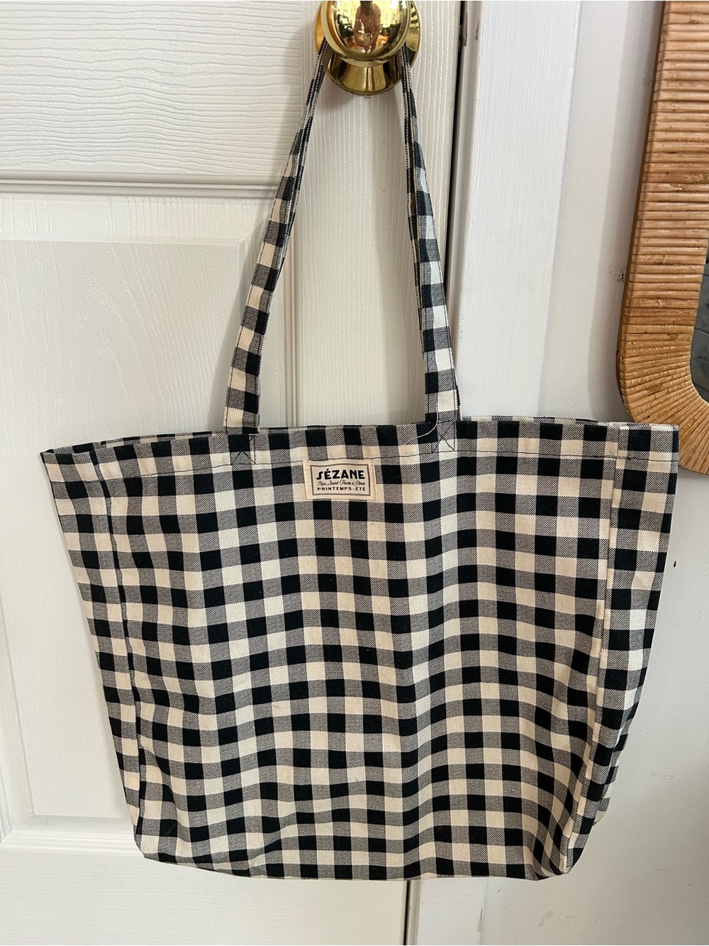 Sezane Black and Cream Gingham Canvas Tote